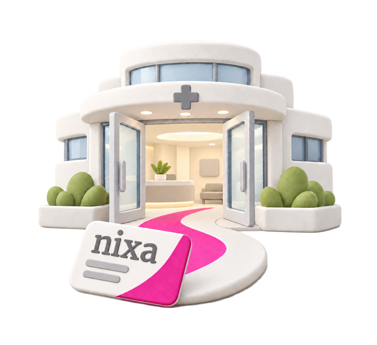 Ilustración de un hospital con tarjeta Nixa